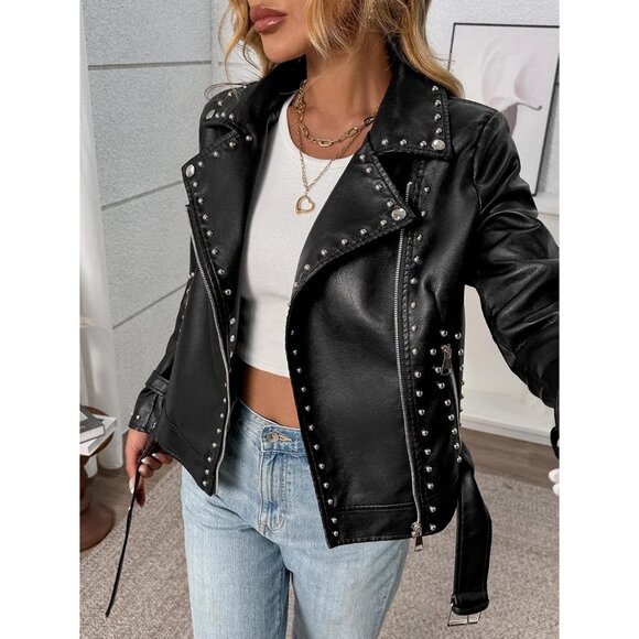 Women's Studded Faux Leather Moto Jacket Black PU Biker with Rivets Punk Black - Picture 3 of 7